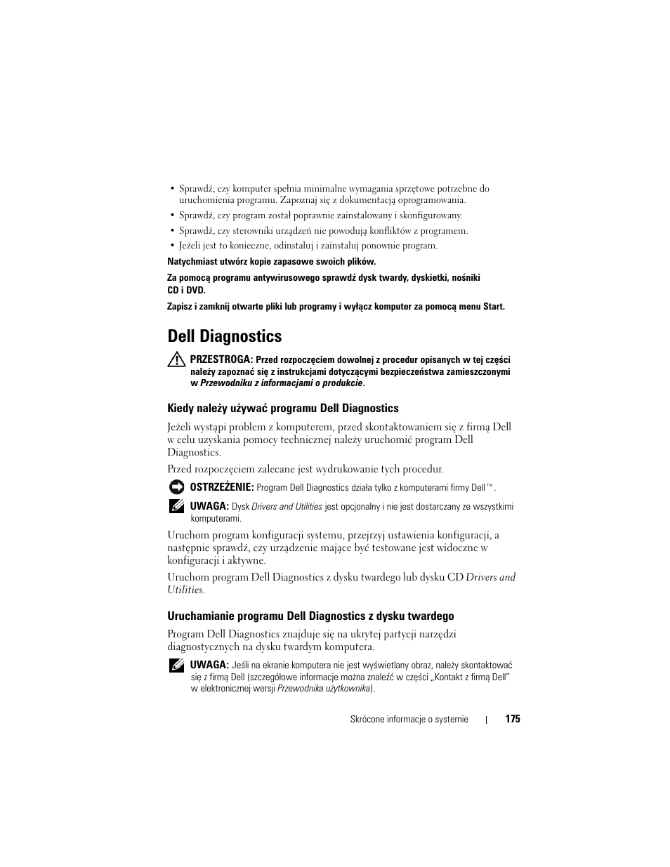 Dell diagnostics, Kiedy należy używać programu dell diagnostics | Dell Latitude D430 (Mid 2007) User Manual | Page 175 / 244
