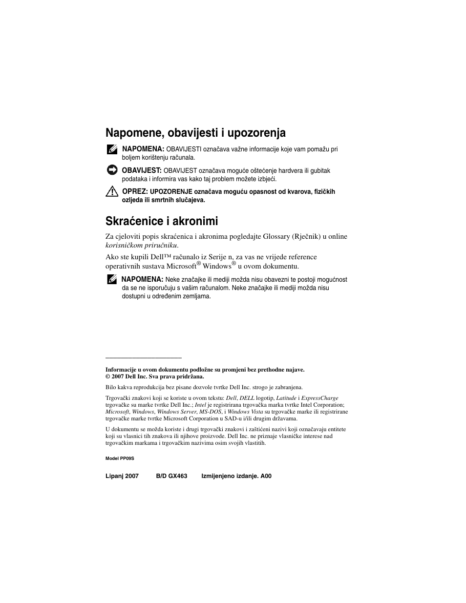 Napomene, obavijesti i upozorenja, Skra ć enice i akronimi | Dell Latitude D430 (Mid 2007) User Manual | Page 30 / 244