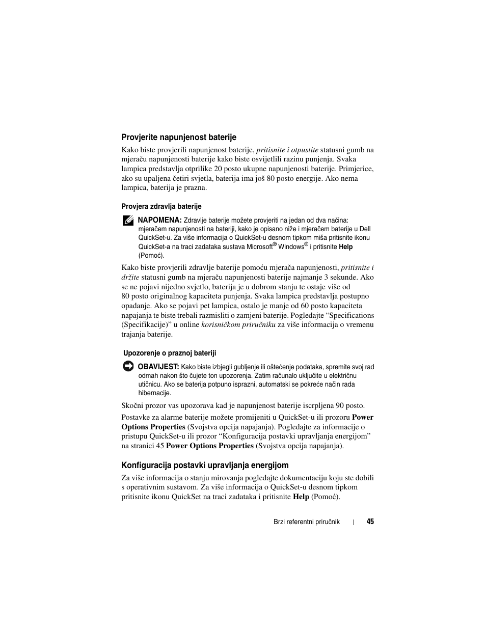 Provjerite napunjenost baterije, Konfiguracija postavki upravljanja energijom | Dell Latitude D430 (Mid 2007) User Manual | Page 45 / 244