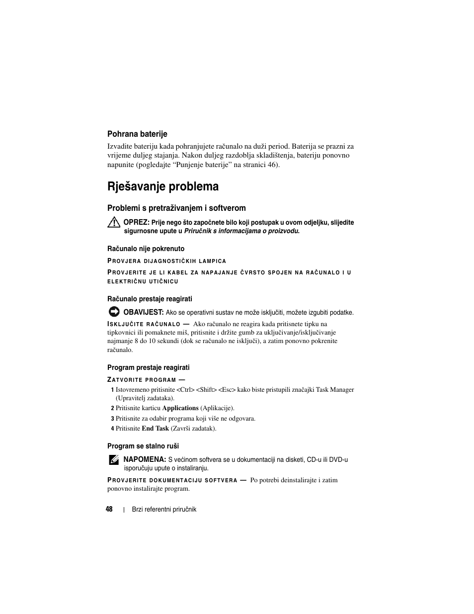 Pohrana baterije, Rješavanje problema, Problemi s pretraživanjem i softverom | Dell Latitude D430 (Mid 2007) User Manual | Page 48 / 244