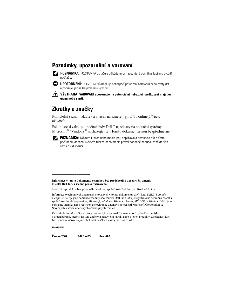 Poznámky, upozornění a varování, Zkratky a značky | Dell Latitude D430 (Mid 2007) User Manual | Page 60 / 244