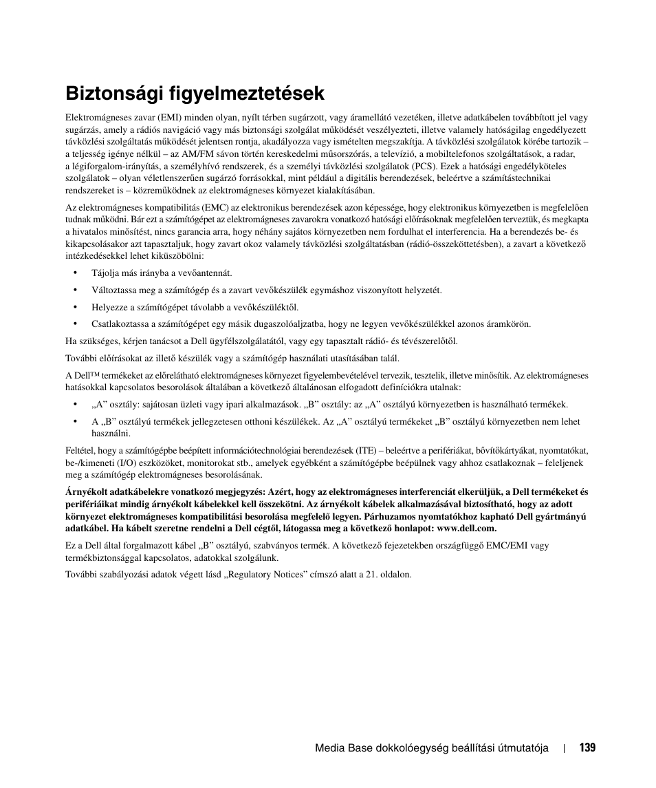 Biztonsági figyelmeztetések | Dell Latitude D430 (Mid 2007) User Manual | Page 141 / 250