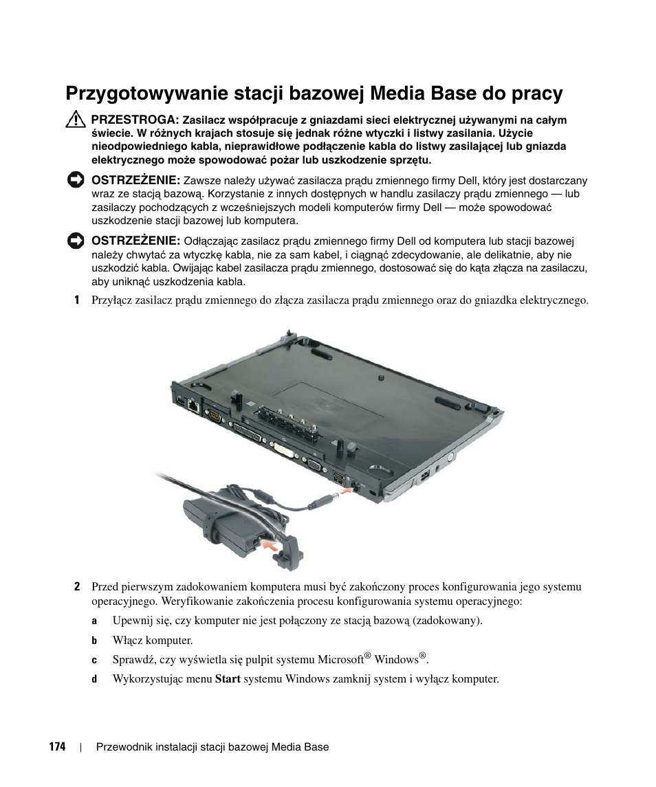 Przygotowywanie stacji bazowej media base do pracy, W punkcie „przygotowywanie, Stacji bazowej media base do pracy” na stronie 174 | Dell Latitude D430 (Mid 2007) User Manual | Page 176 / 250