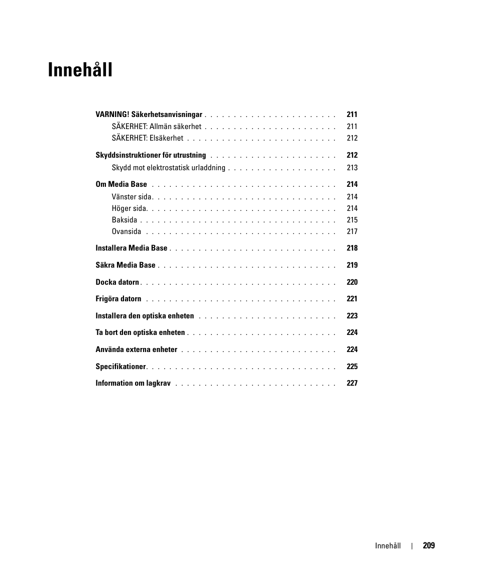 Innehåll | Dell Latitude D430 (Mid 2007) User Manual | Page 211 / 250