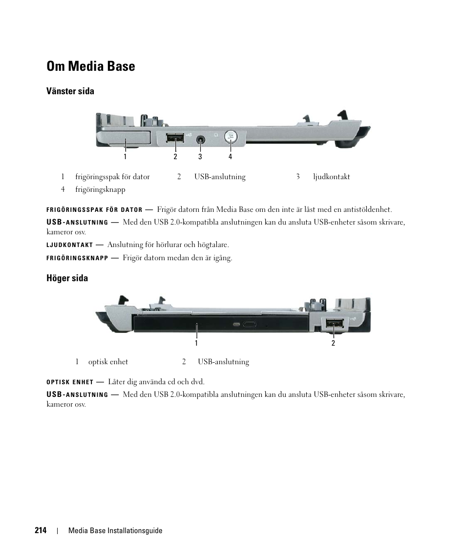 Om media base, Vänster sida, Höger sida | Dell Latitude D430 (Mid 2007) User Manual | Page 216 / 250