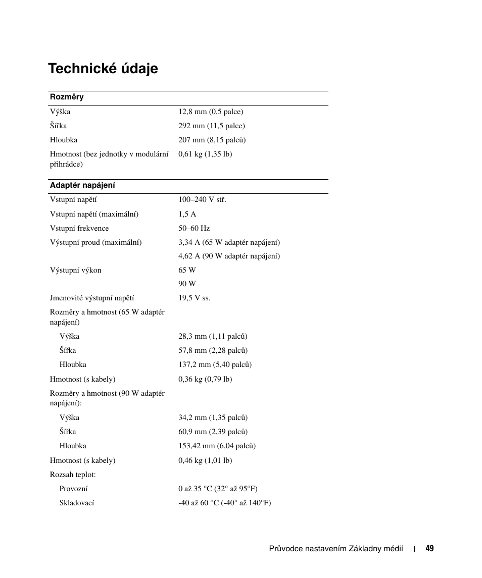 Technické údaje | Dell Latitude D430 (Mid 2007) User Manual | Page 51 / 250