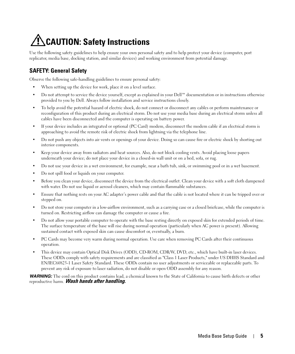 Caution: safety instructions, Safety: general safety | Dell Latitude D430 (Mid 2007) User Manual | Page 7 / 250