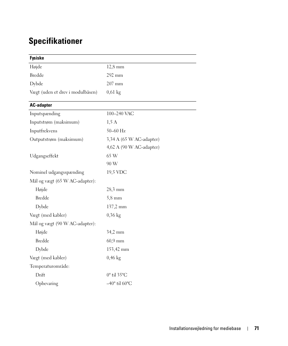 Specifikationer | Dell Latitude D430 (Mid 2007) User Manual | Page 73 / 250