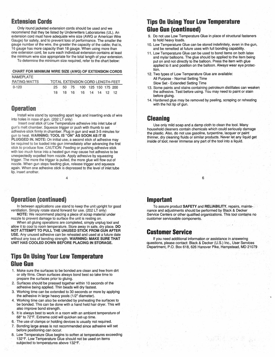 Extension cords, Cleaning, Operation (continued) | Important, Customer service, Rips ing your low temperature, Mmmum | Black & Decker 204 LT User Manual | Page 2 / 2