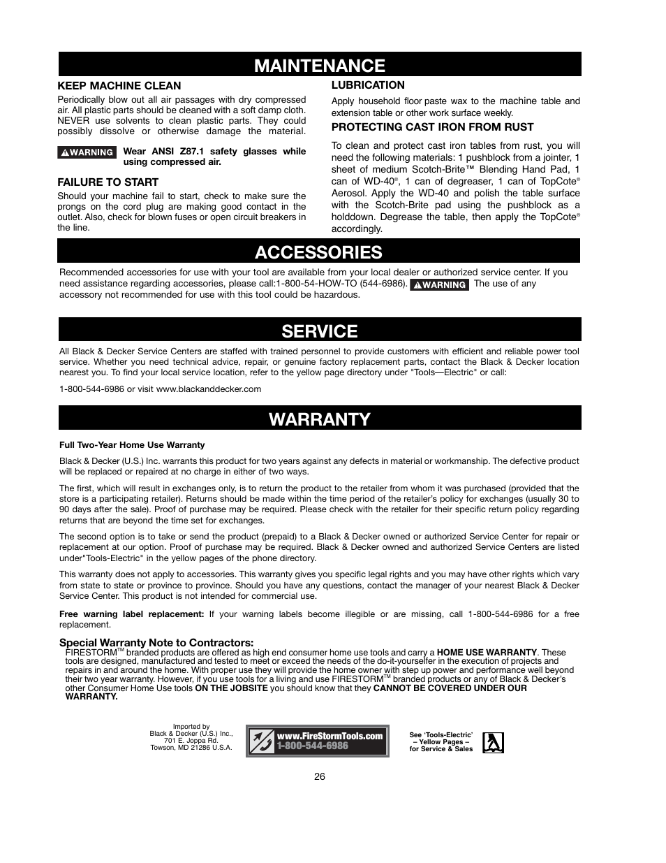 Maintenance, Accessories, Service warranty | Black & Decker 90521029 User Manual | Page 26 / 60