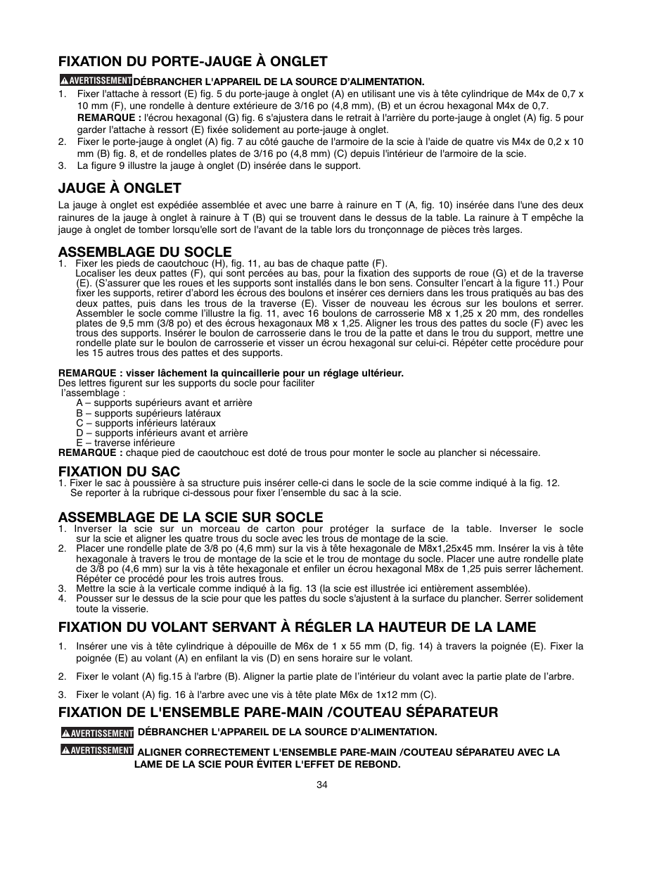 Fixation du porte-jauge à onglet, Jauge à onglet, Assemblage du socle | Fixation du sac, Assemblage de la scie sur socle | Black & Decker 90521029 User Manual | Page 34 / 60