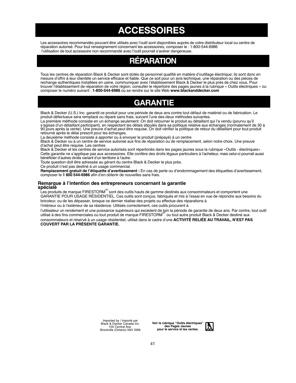 Accessoires, Réparation garantie | Black & Decker 90521029 User Manual | Page 41 / 60