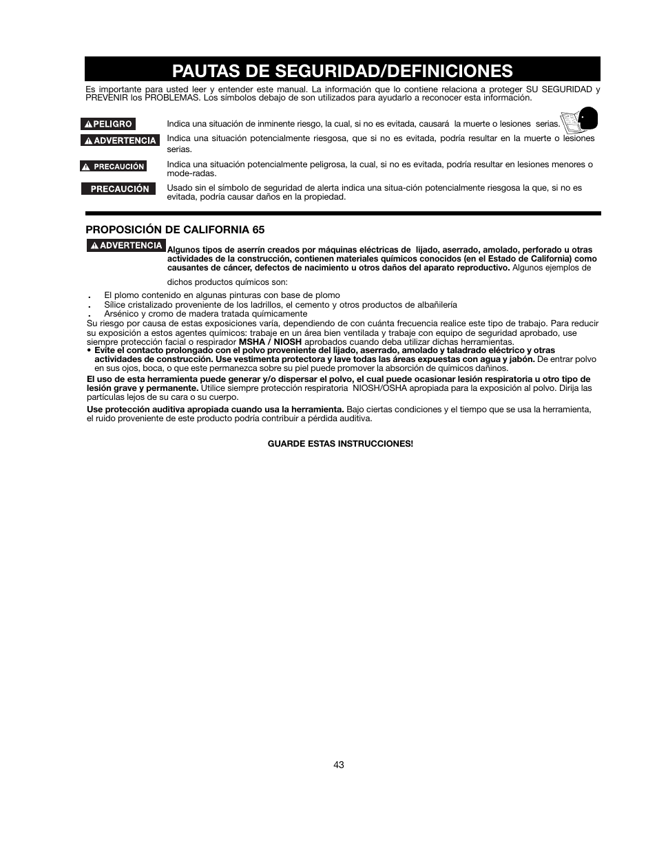 Pautas de seguridad/definiciones | Black & Decker 90521029 User Manual | Page 43 / 60