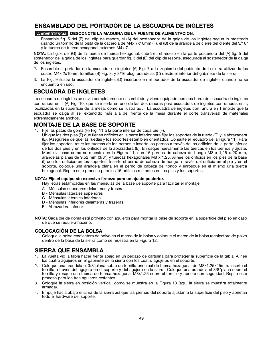 Sierra que ensambla, Escuadra de ingletes, Montaje de la base de soporte | Ensamblado del portador de la escuadra de ingletes | Black & Decker 90521029 User Manual | Page 49 / 60