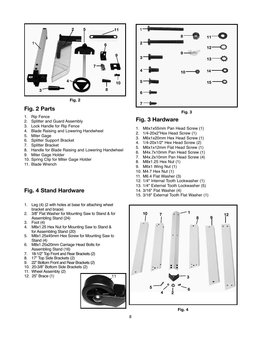 Fig. 4 stand hardware, Fig. 2 parts, Fig. 3 hardware | Black & Decker 90521029 User Manual | Page 8 / 60