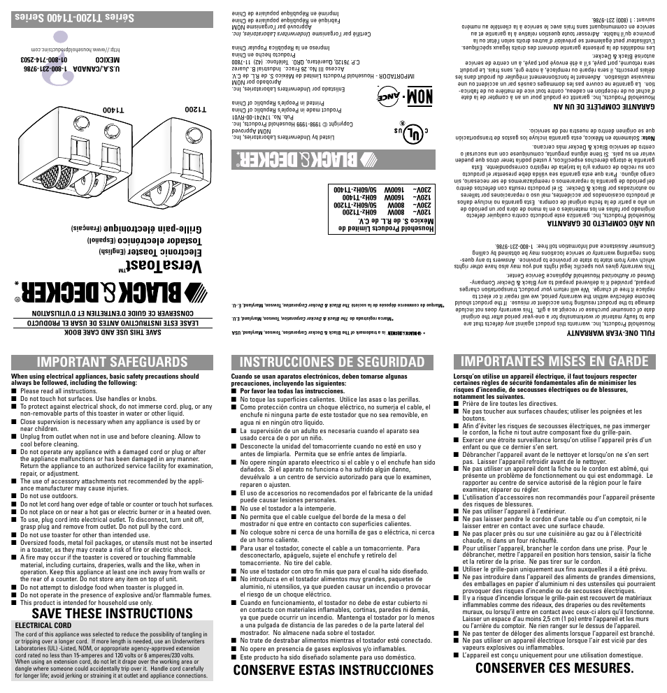 Safegaurds, Versat oast, Important safeguards | Save these instructions, Instrucciones de seguridad, Conserver ces mesures, Electronic toaster, Tostador electrónico, Grille-pain électronique | Black & Decker T1200 User Manual | Page 2 / 7