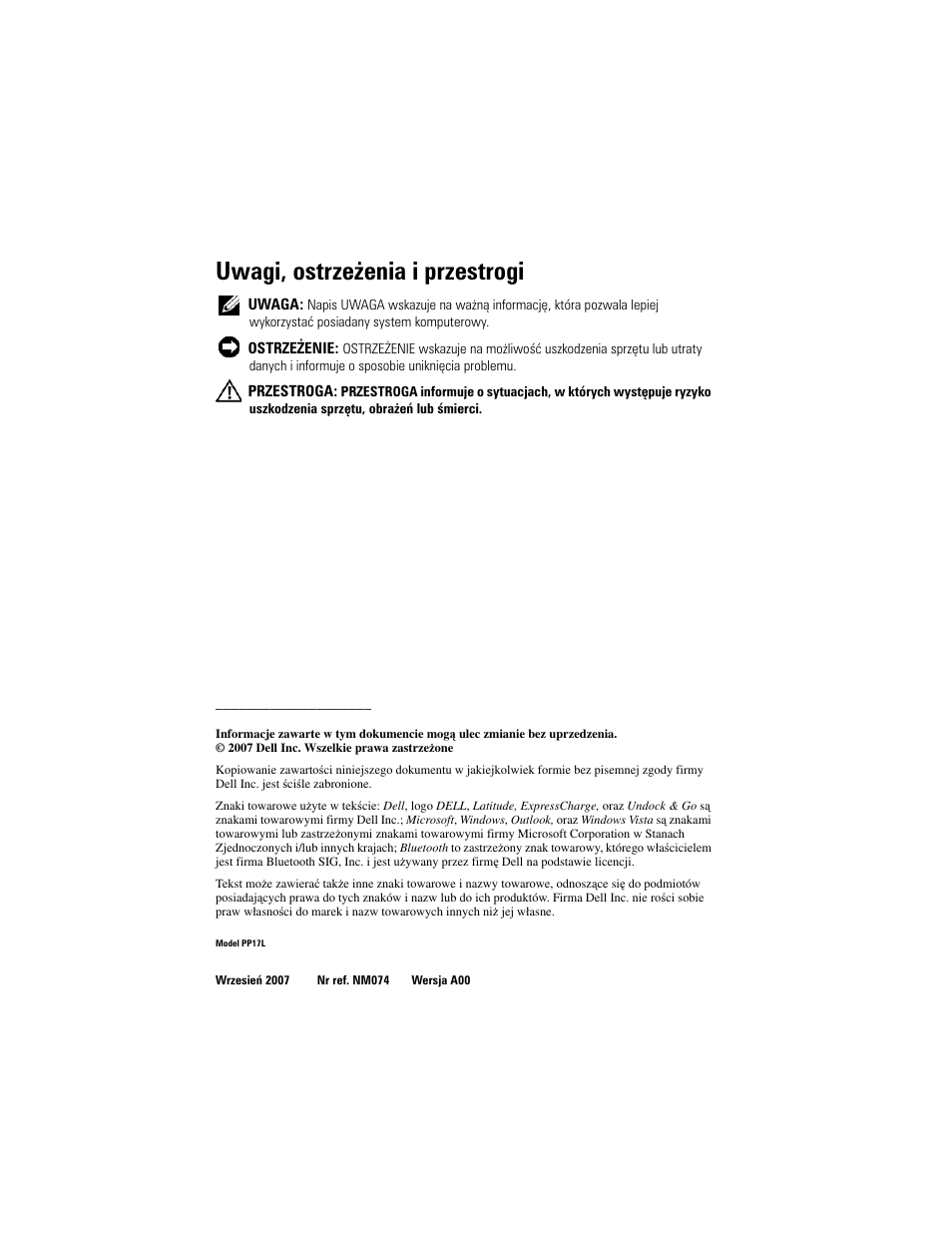 Uwagi, ostrzeżenia i przestrogi | Dell Latitude D530 (Early 2008) User Manual | Page 152 / 232