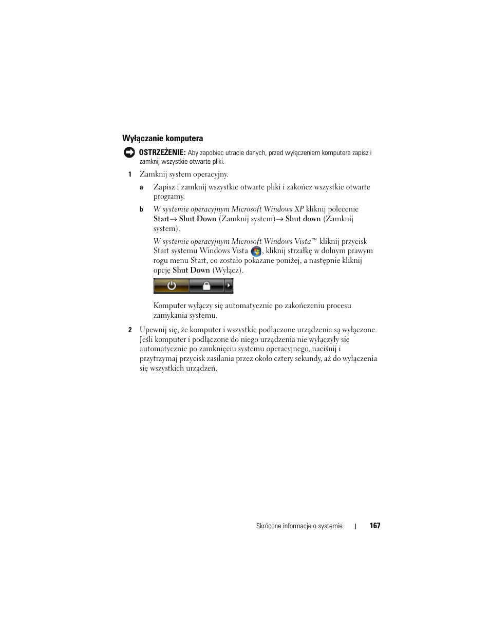 Wyłączanie komputera | Dell Latitude D530 (Early 2008) User Manual | Page 167 / 232