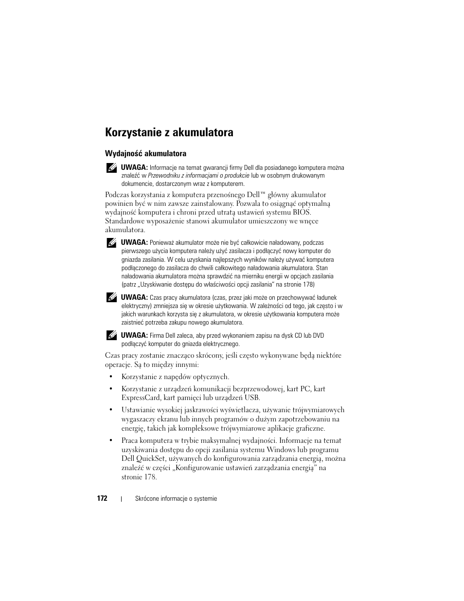 Korzystanie z akumulatora, Wydajność akumulatora | Dell Latitude D530 (Early 2008) User Manual | Page 172 / 232
