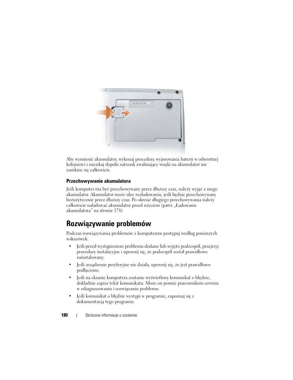Przechowywanie akumulatora, Rozwiązywanie problemów | Dell Latitude D530 (Early 2008) User Manual | Page 180 / 232