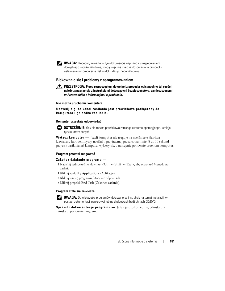 Blokowanie się i problemy z oprogramowaniem | Dell Latitude D530 (Early 2008) User Manual | Page 181 / 232