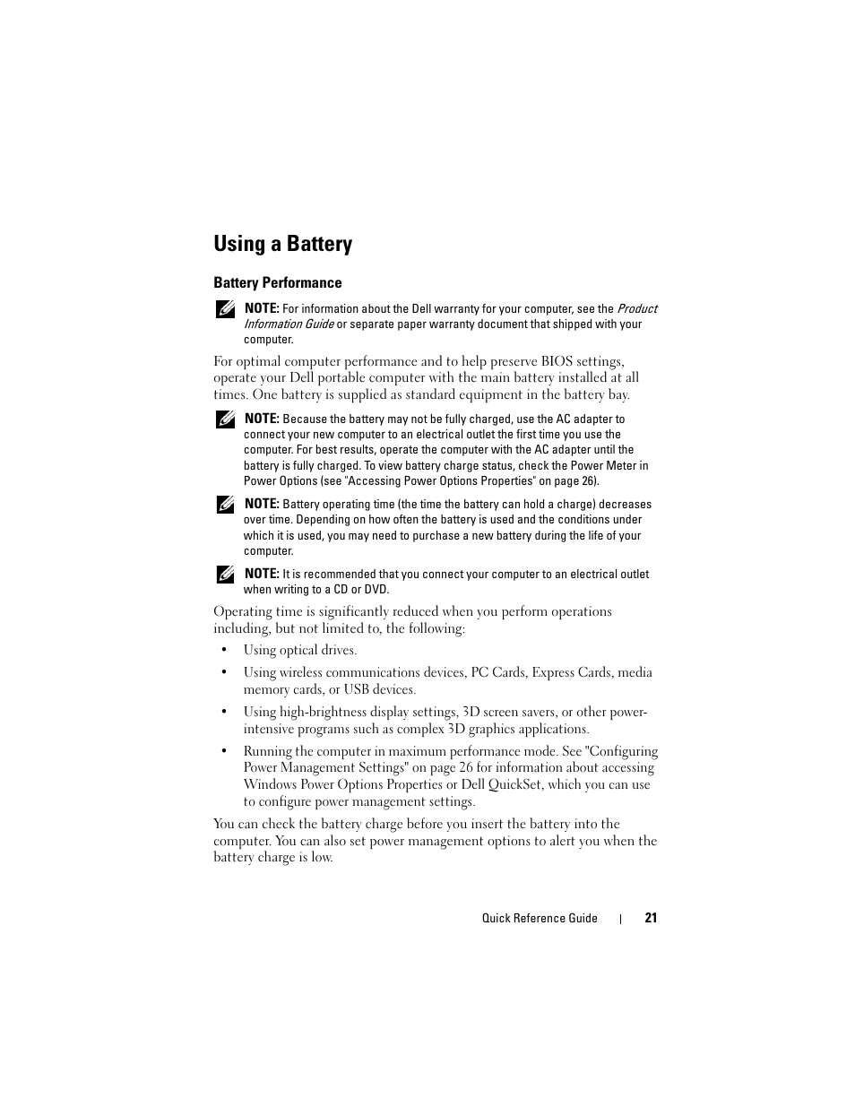 Using a battery, Battery performance | Dell Latitude D530 (Early 2008) User Manual | Page 21 / 232