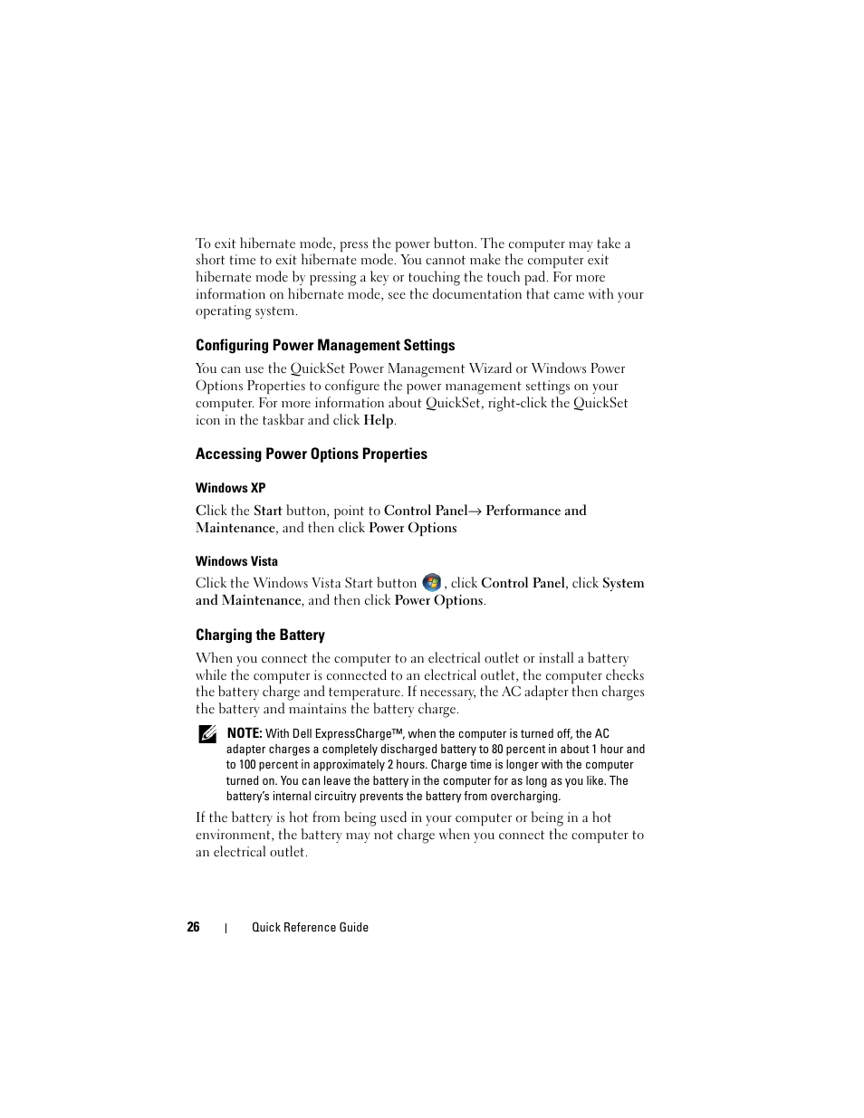 Configuring power management settings, Accessing power options properties, Charging the battery | Dell Latitude D530 (Early 2008) User Manual | Page 26 / 232