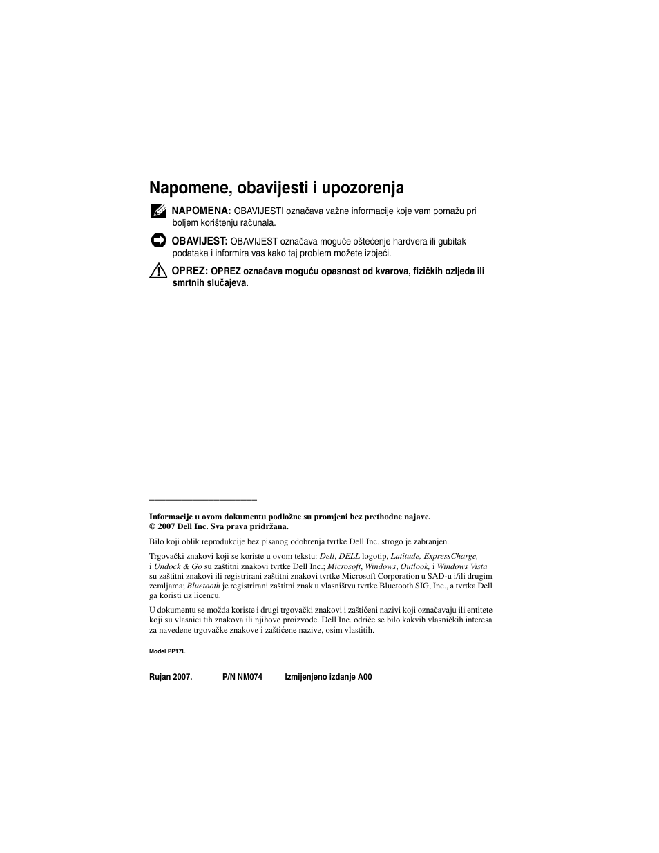 Napomene, obavijesti i upozorenja | Dell Latitude D530 (Early 2008) User Manual | Page 40 / 232