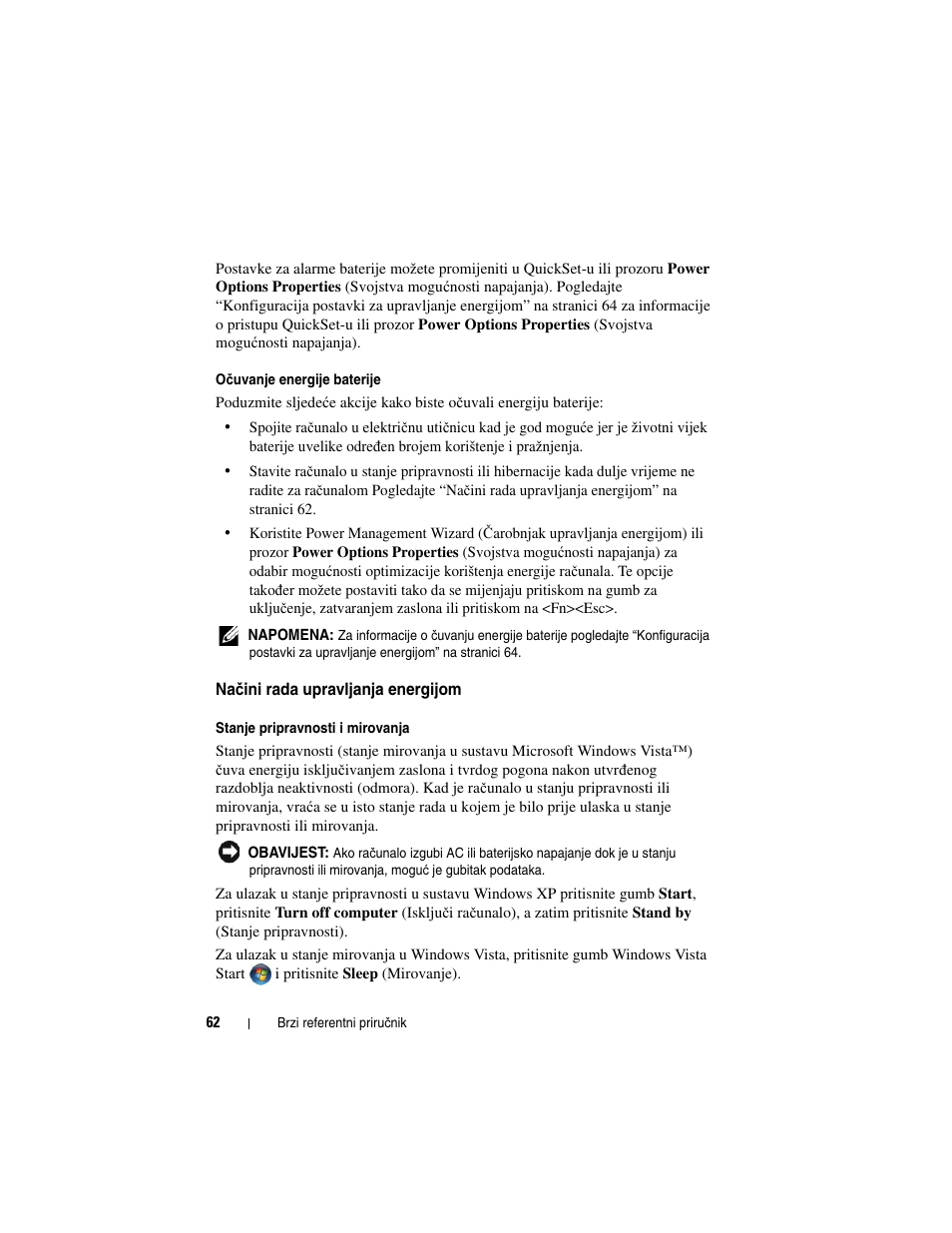 Načini rada upravljanja energijom, Čini rada upravljanja energijom | Dell Latitude D530 (Early 2008) User Manual | Page 62 / 232