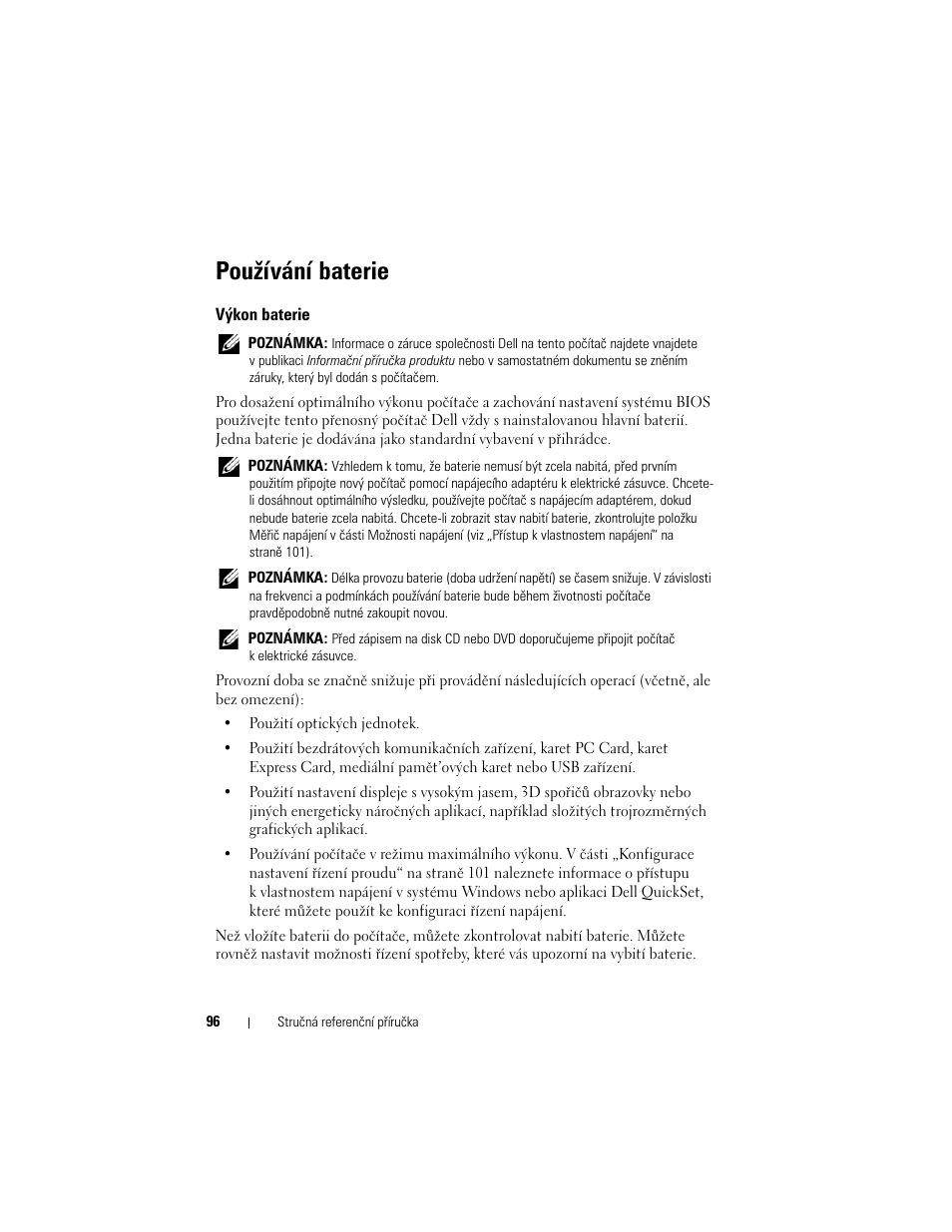 Používání baterie, Výkon baterie | Dell Latitude D530 (Early 2008) User Manual | Page 96 / 232