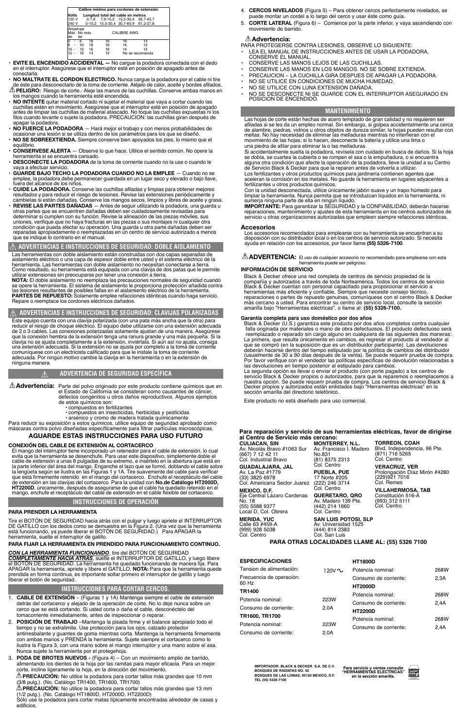 Advertencia de seguridad específica advertencia, Aguarde estas instrucciones para uso futuro, Instrucciones de operación | Instrucciones para cortar cercos, Advertencia, Mantenimiento, Accesorios | Black & Decker HT2000D User Manual | Page 4 / 4