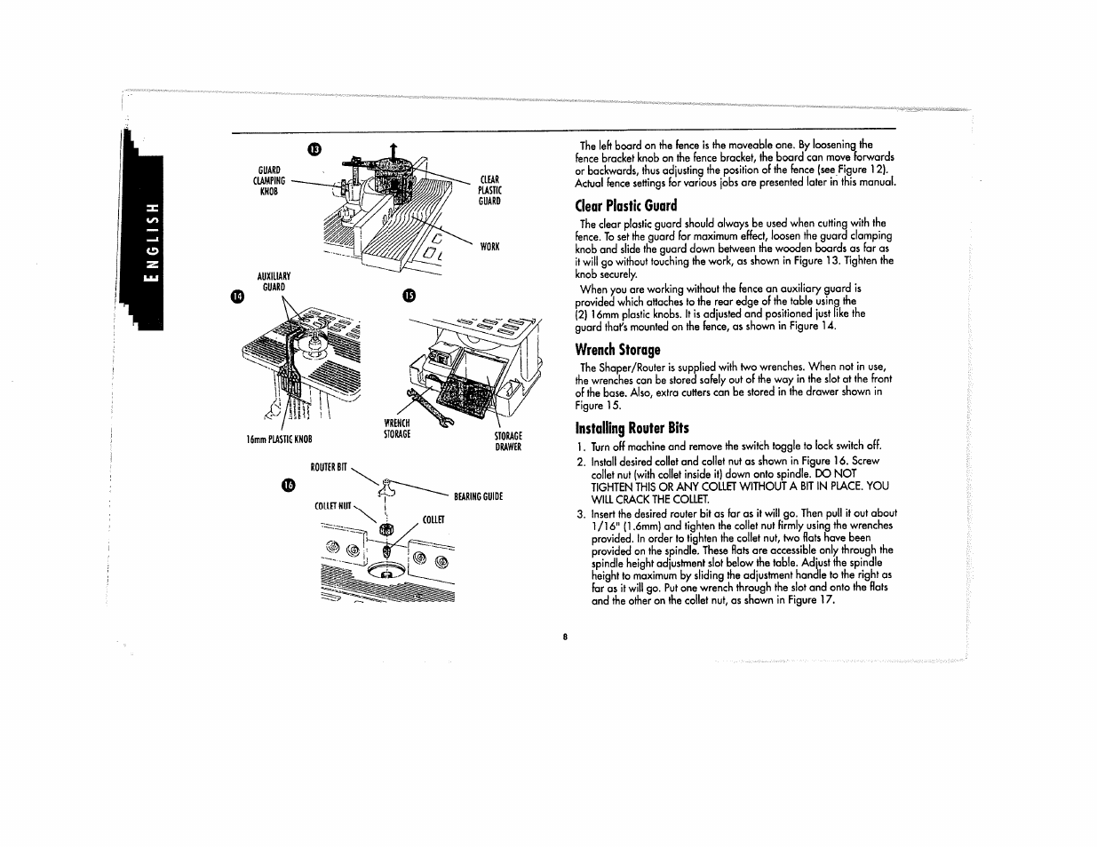 Clear plostic guard, Wrench storage, Installing router bits | Black & Decker SR650 User Manual | Page 10 / 14