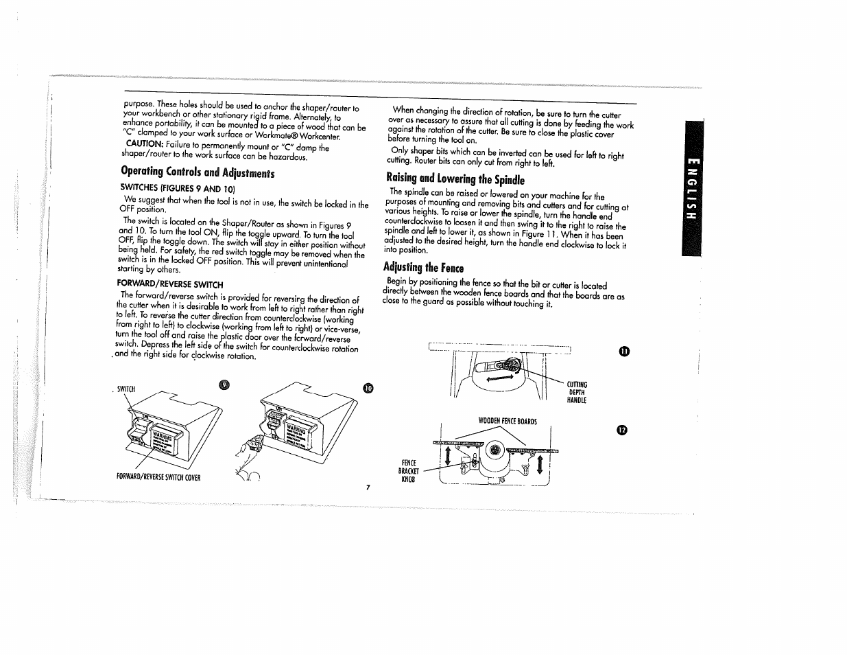 Operating controls and adjustments, Raising and lowering the spindle, Adjusting the fence | Black & Decker SR650 User Manual | Page 9 / 14