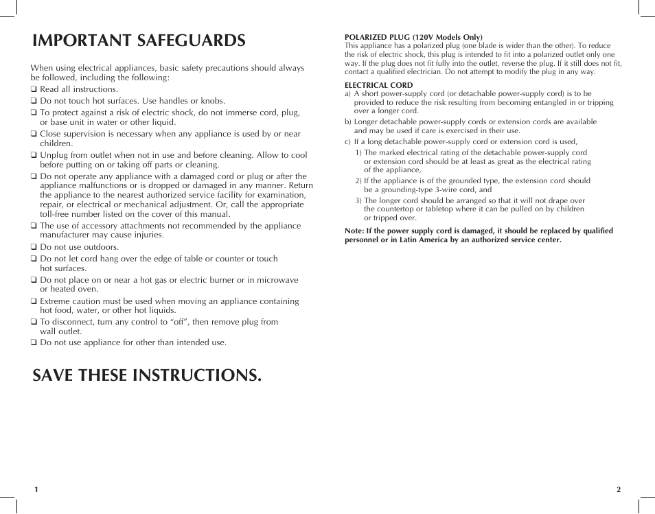 Important safeguards save these instructions | Black & Decker HS1150 User Manual | Page 2 / 21