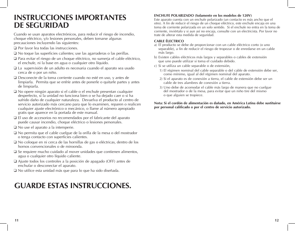 Instrucciones importantes de seguridad, Guarde estas instrucciones | Black & Decker HS1150 User Manual | Page 7 / 21