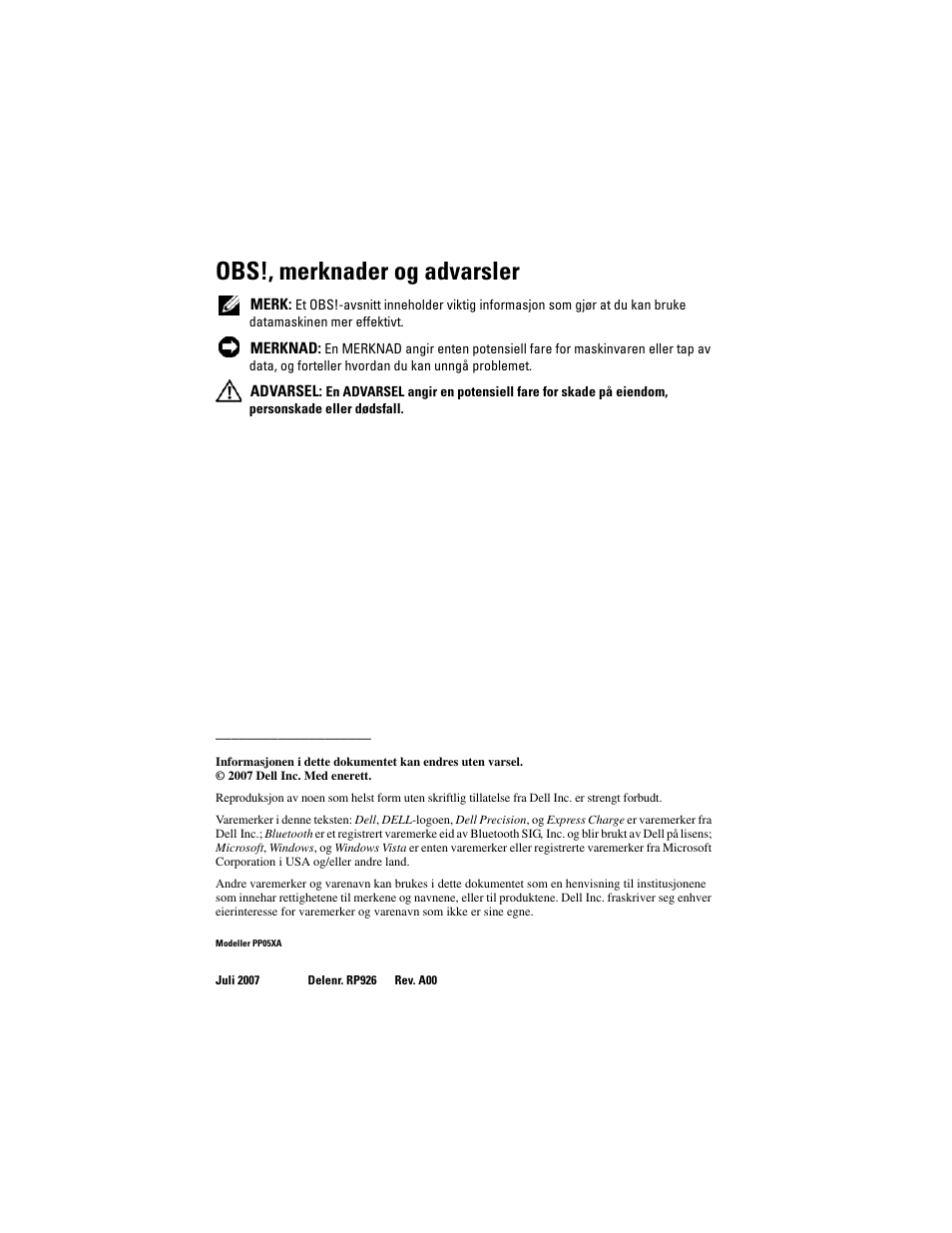 Obs!, merknader og advarsler | Dell Precision M6300 (Late 2007) User Manual | Page 120 / 266