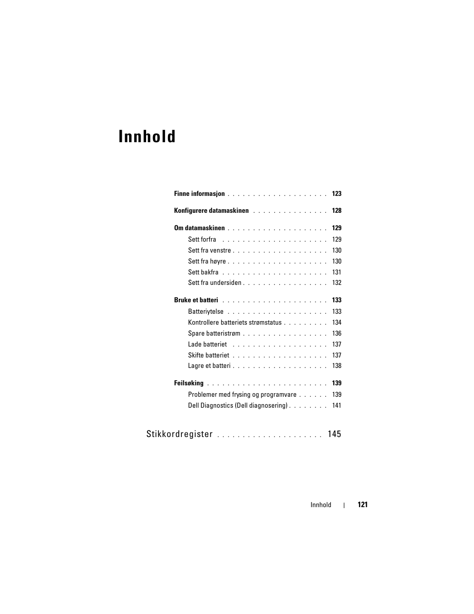 Innhold, Stikkordregister | Dell Precision M6300 (Late 2007) User Manual | Page 121 / 266