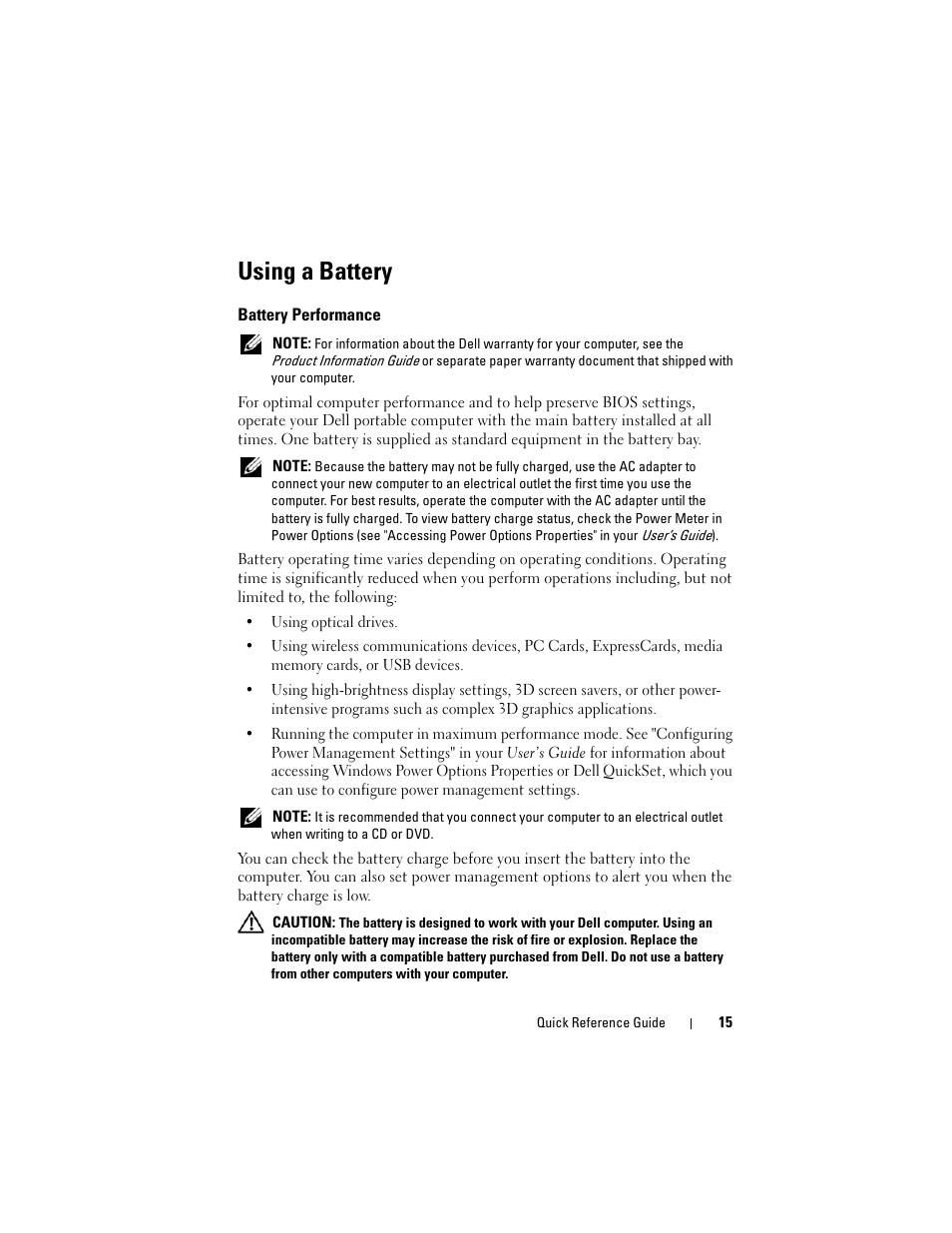 Using a battery, Battery performance | Dell Precision M6300 (Late 2007) User Manual | Page 15 / 266