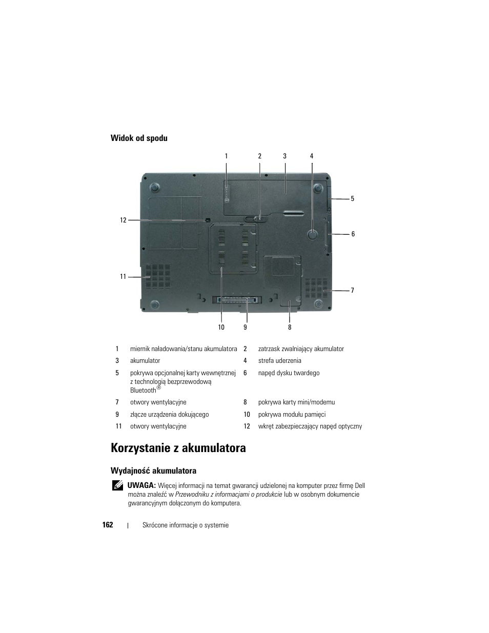 Widok od spodu, Korzystanie z akumulatora, Wydajność akumulatora | Dell Precision M6300 (Late 2007) User Manual | Page 162 / 266