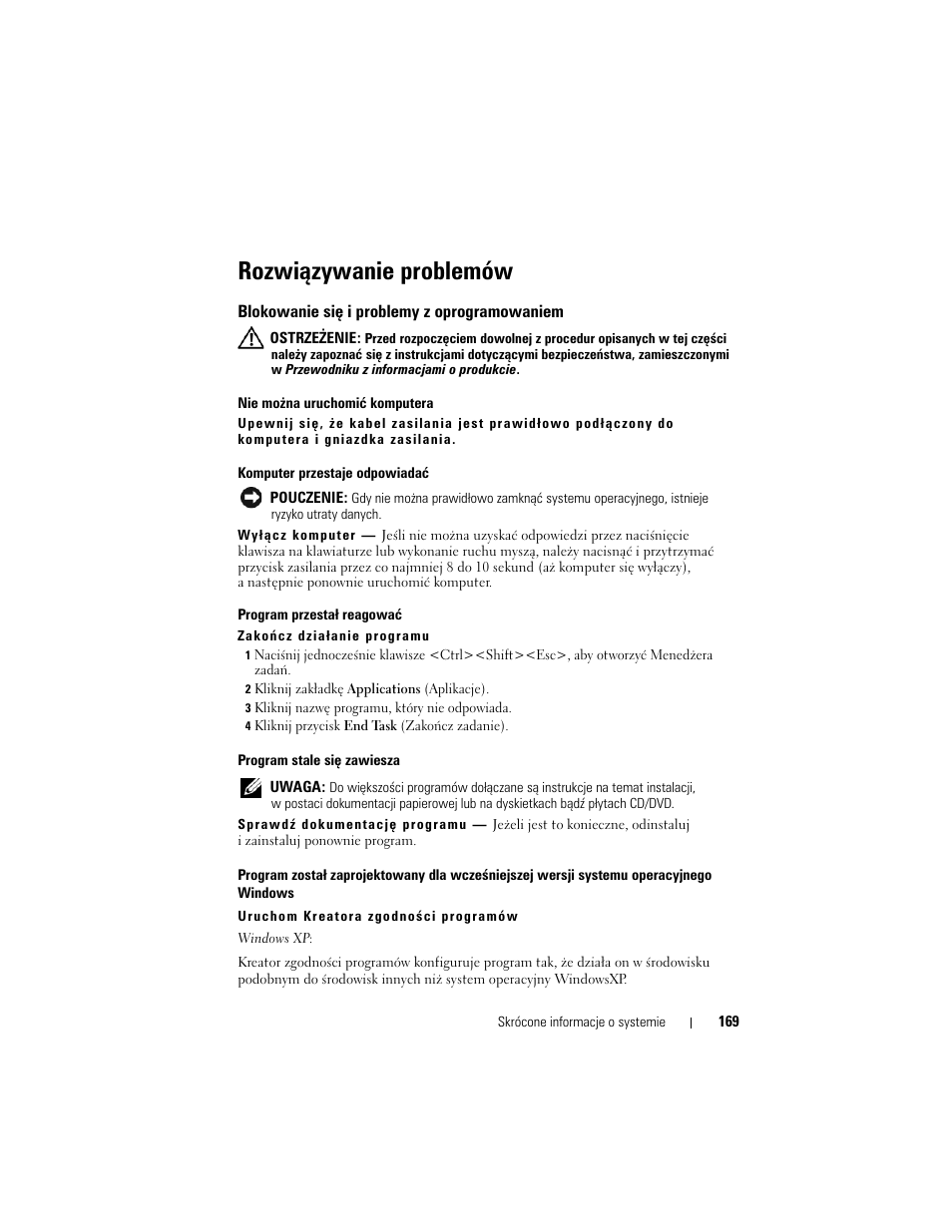 Rozwiązywanie problemów, Blokowanie się i problemy z oprogramowaniem | Dell Precision M6300 (Late 2007) User Manual | Page 169 / 266