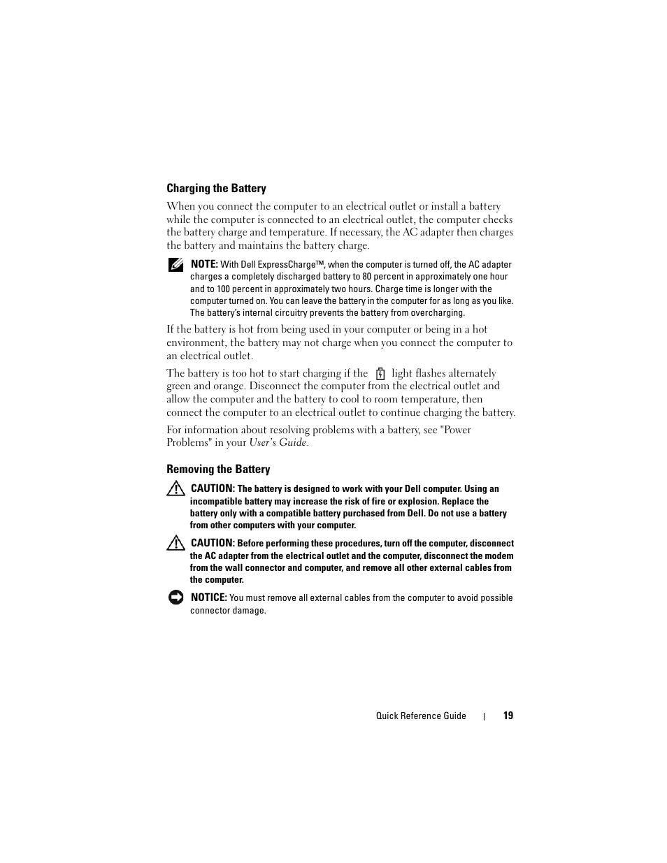 Charging the battery, Removing the battery | Dell Precision M6300 (Late 2007) User Manual | Page 19 / 266