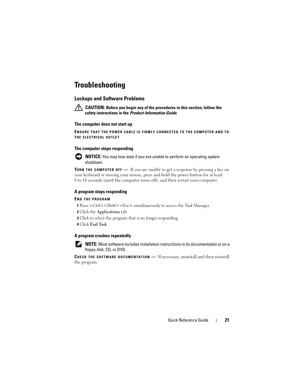 Troubleshooting, Lockups and software problems | Dell Precision M6300 (Late 2007) User Manual | Page 21 / 266
