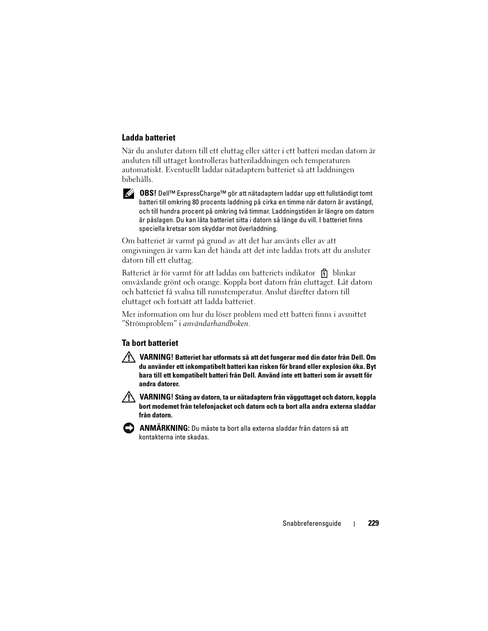 Ladda batteriet, Ta bort batteriet | Dell Precision M6300 (Late 2007) User Manual | Page 229 / 266