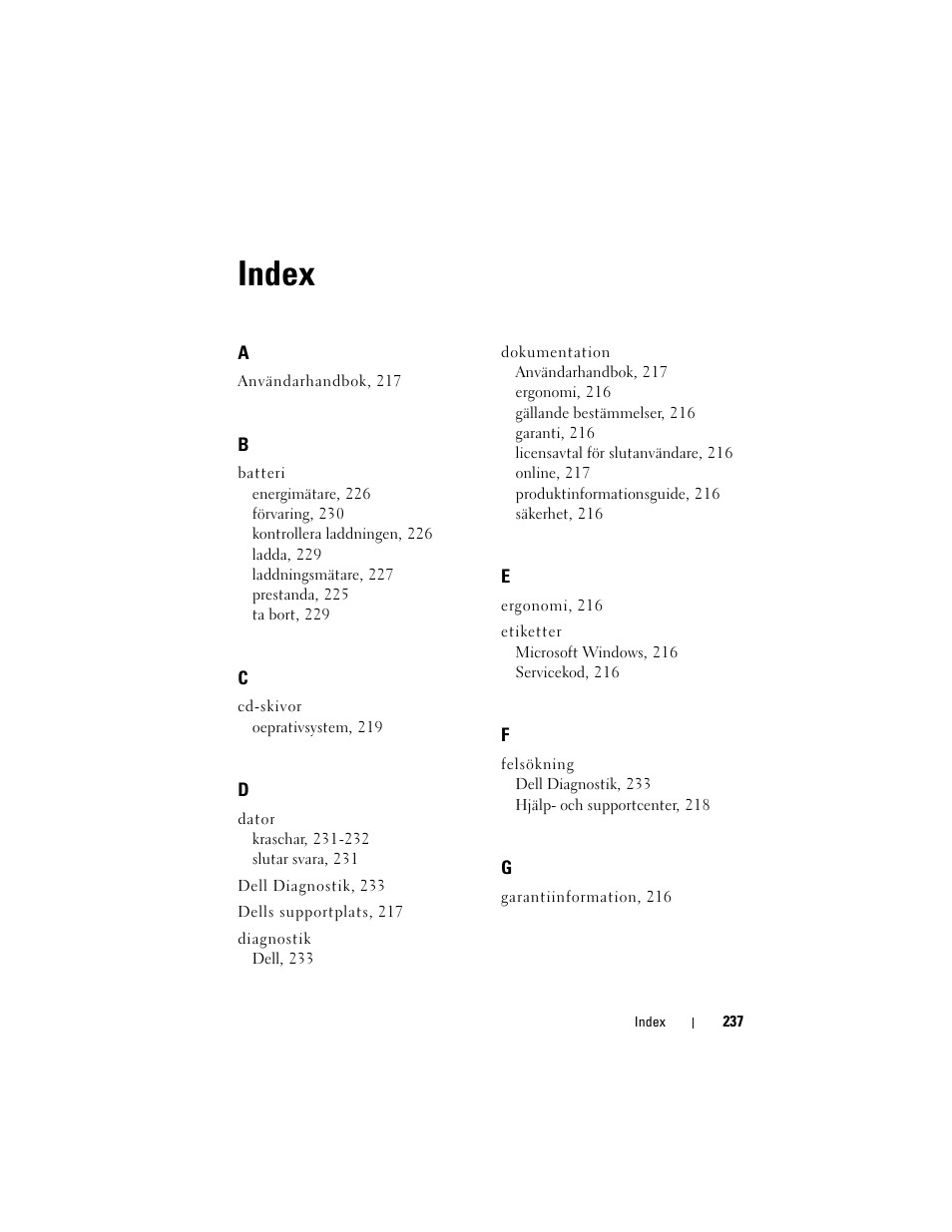 Index | Dell Precision M6300 (Late 2007) User Manual | Page 237 / 266