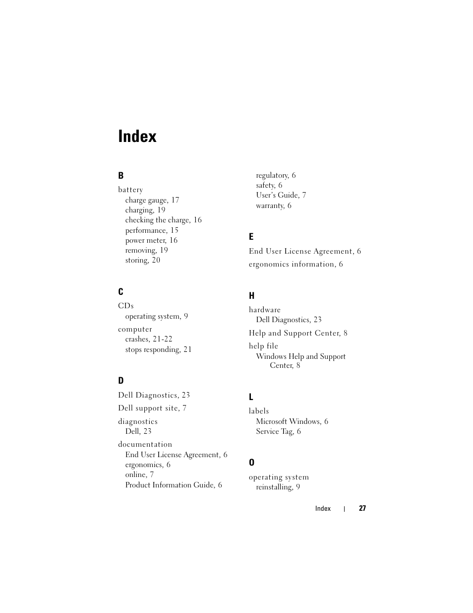 Index | Dell Precision M6300 (Late 2007) User Manual | Page 27 / 266