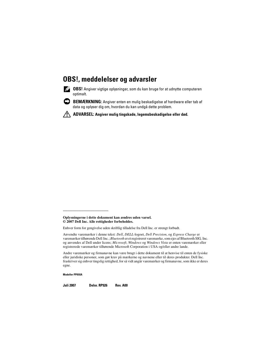 Obs!, meddelelser og advarsler | Dell Precision M6300 (Late 2007) User Manual | Page 30 / 266