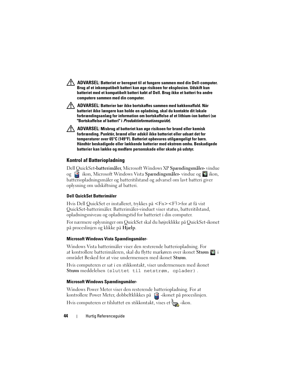 Kontrol af batteriopladning | Dell Precision M6300 (Late 2007) User Manual | Page 44 / 266