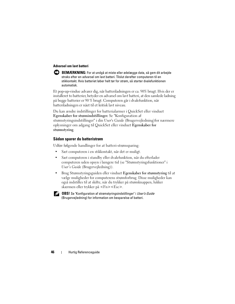 Sådan sparer du batteristrøm | Dell Precision M6300 (Late 2007) User Manual | Page 46 / 266