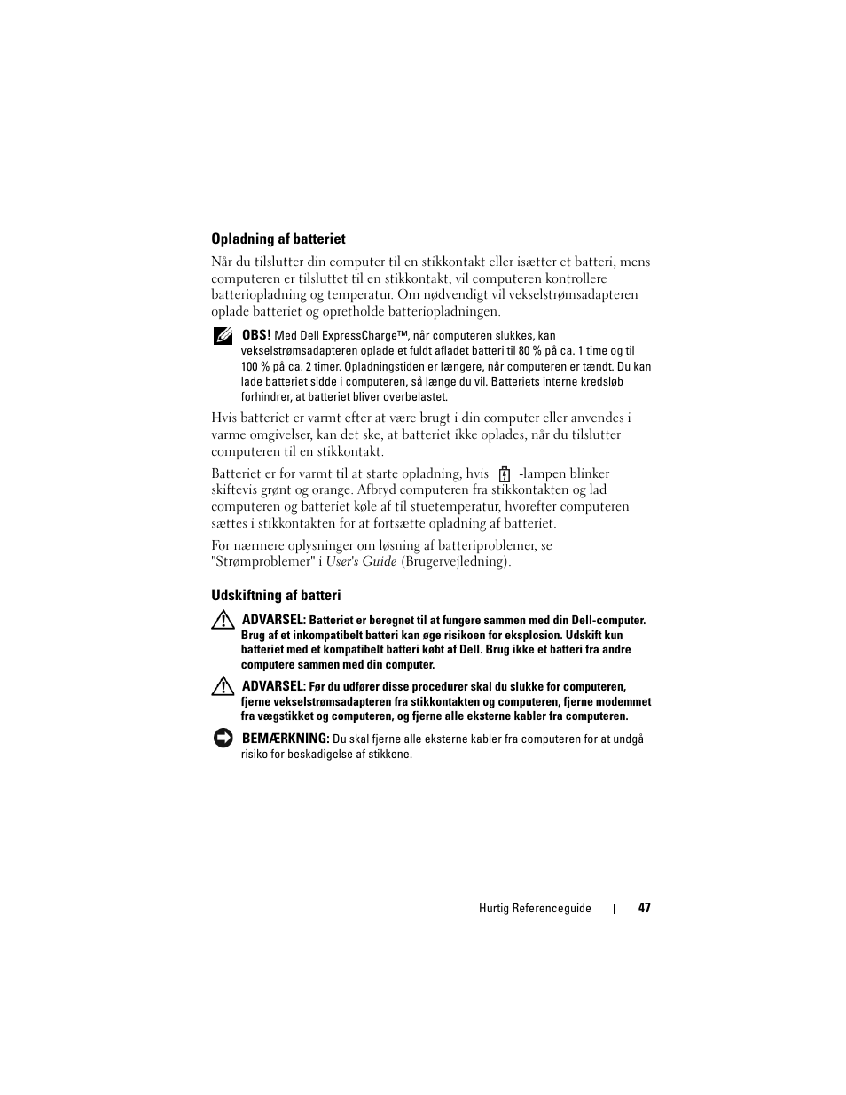 Opladning af batteriet, Udskiftning af batteri | Dell Precision M6300 (Late 2007) User Manual | Page 47 / 266