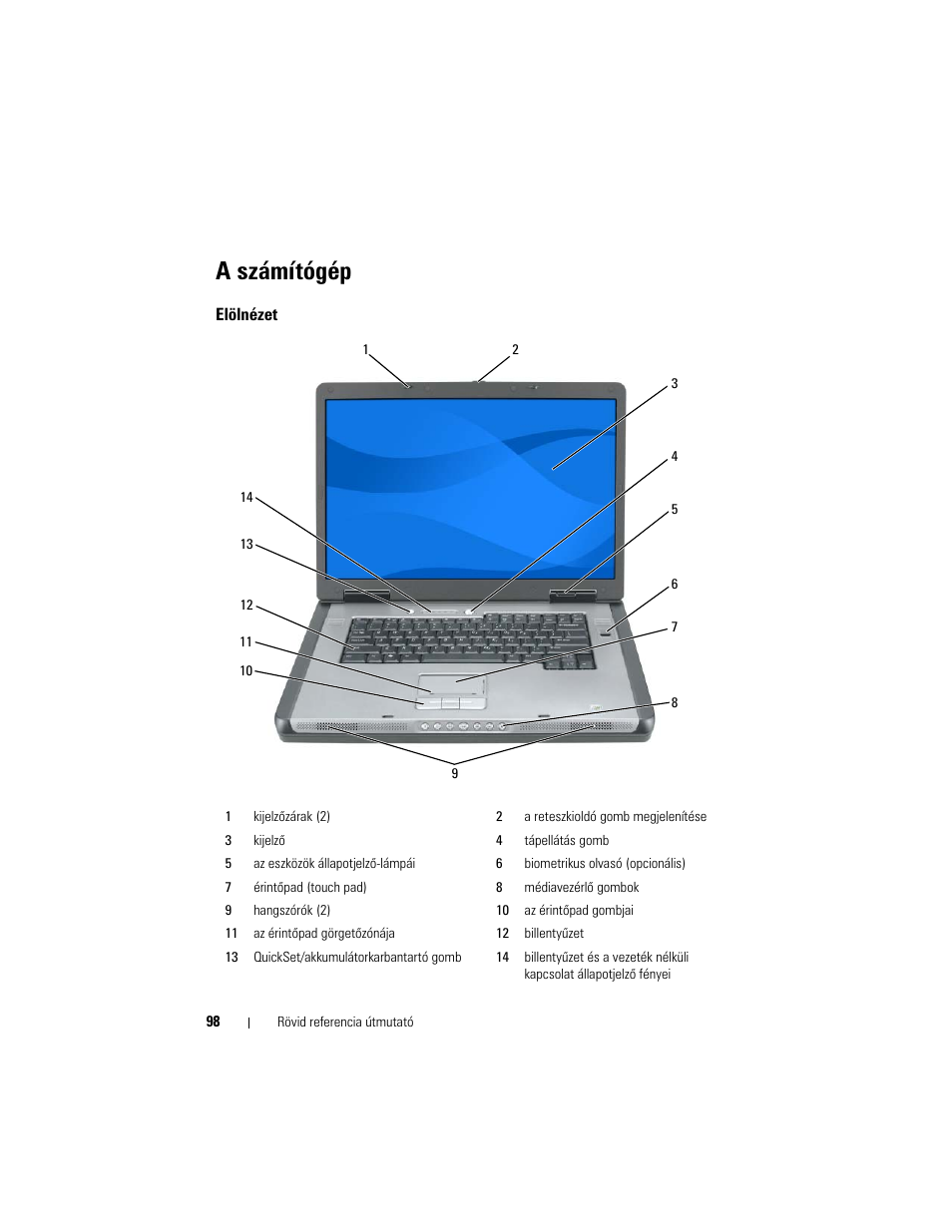 A számítógép, Elölnézet | Dell Precision M6300 (Late 2007) User Manual | Page 98 / 266